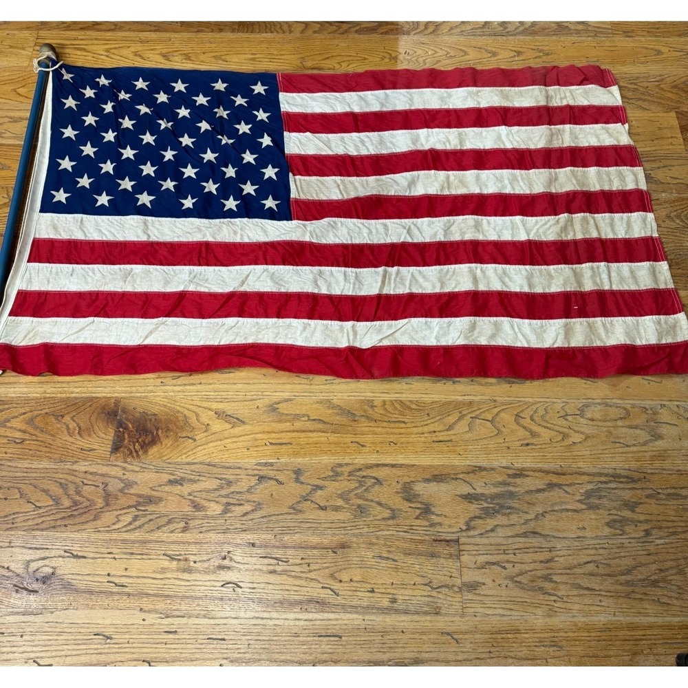 Vintage 50 Star American Flag w/ Original Box Blue Wood Pole Montgomery Ward 3x5